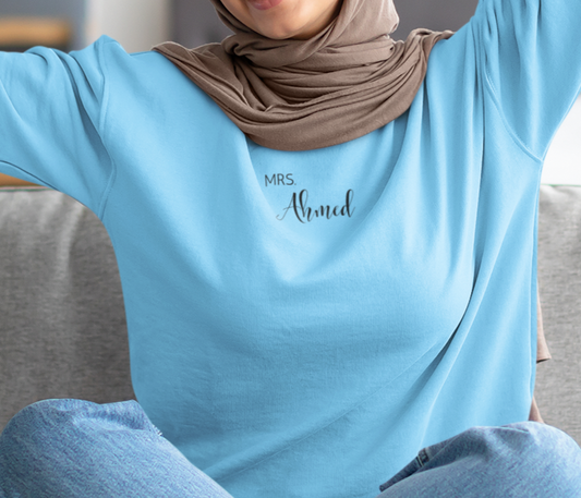 "Customizable 'Mrs. Last Name' Sweatshirt in Light Blue & Sand